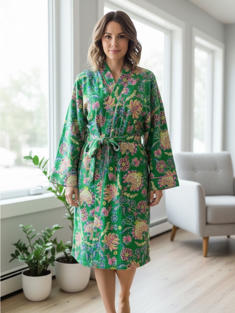Bedhead Boho Green Floral Organic Cotton Women's Robe Belt Pockets Sz L/XL